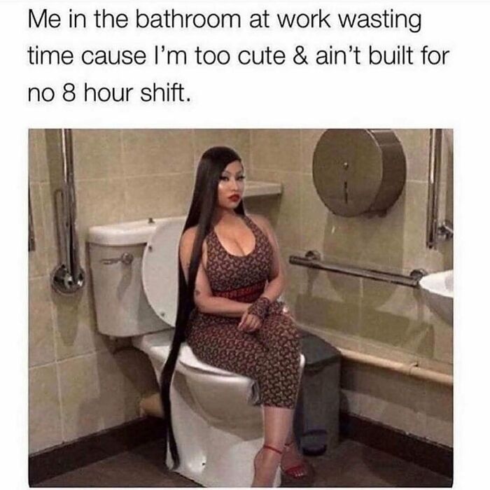 Woman sitting on a toilet in a work bathroom with a humorous caption, part of a collection of work memes.