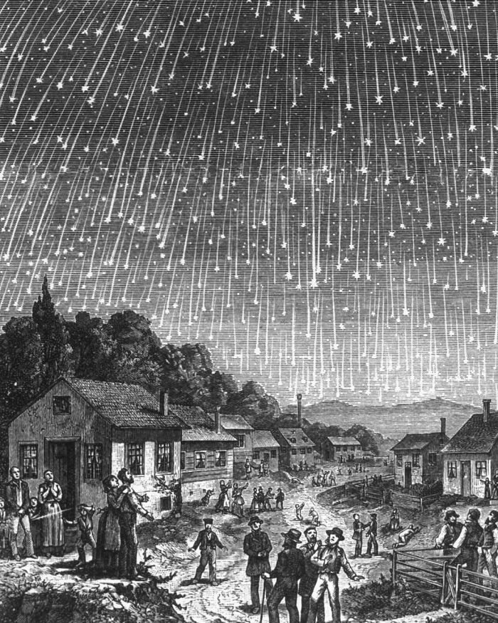 Vintage illustration of a meteor shower over a 19th-century village, with people observing the fascinating history event.