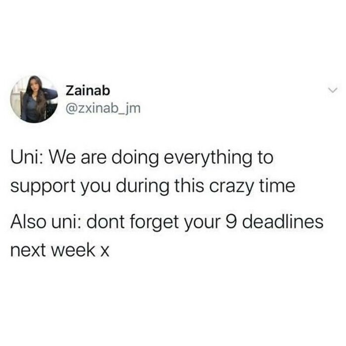 University life meme highlighting the irony of university support alongside multiple deadlines.