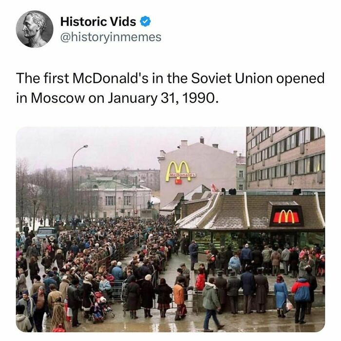 Crowds queue at the first McDonald's in Soviet Union, Moscow, 1990. Interesting history pic of fast-food globalization.