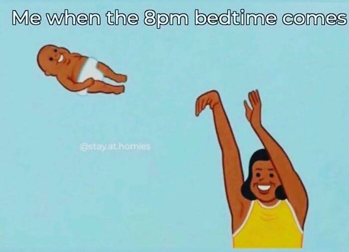 Parent humor meme: a cartoon parent playfully tossing a baby into the air, capturing the chaos and fun of bedtime routines.