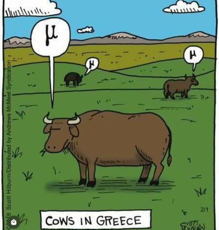 Cartoon of cows in a field saying "μ," a play on the Greek alphabet, from a science memes collection.