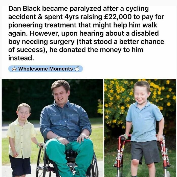 A man in a wheelchair smiles beside a young boy with crutches, showcasing a Wholesome-Kindness-Posts moment.