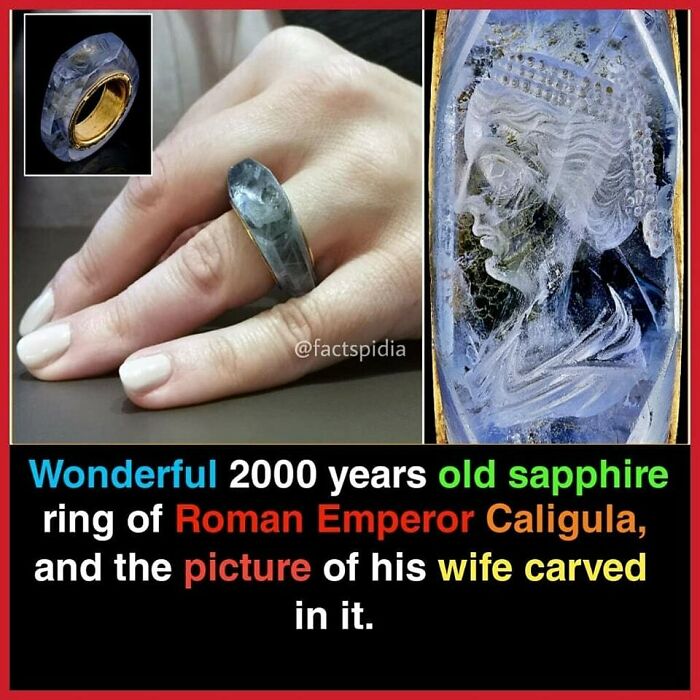 Ancient sapphire ring of Roman Emperor with carved portrait, showcasing historical artifacts.