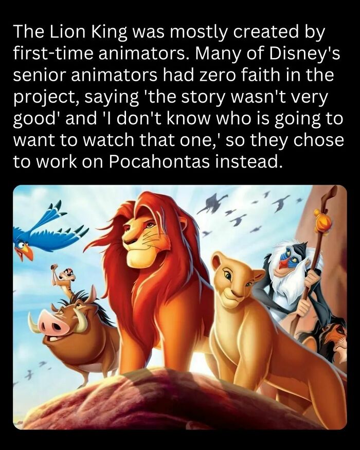 Lion King characters on Pride Rock with text about animators' doubts; interesting facts from Disney history.