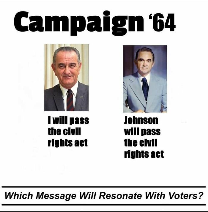 Two politicians from 1964 campaign with contrasting civil rights act promises, illustrating a historical meme.