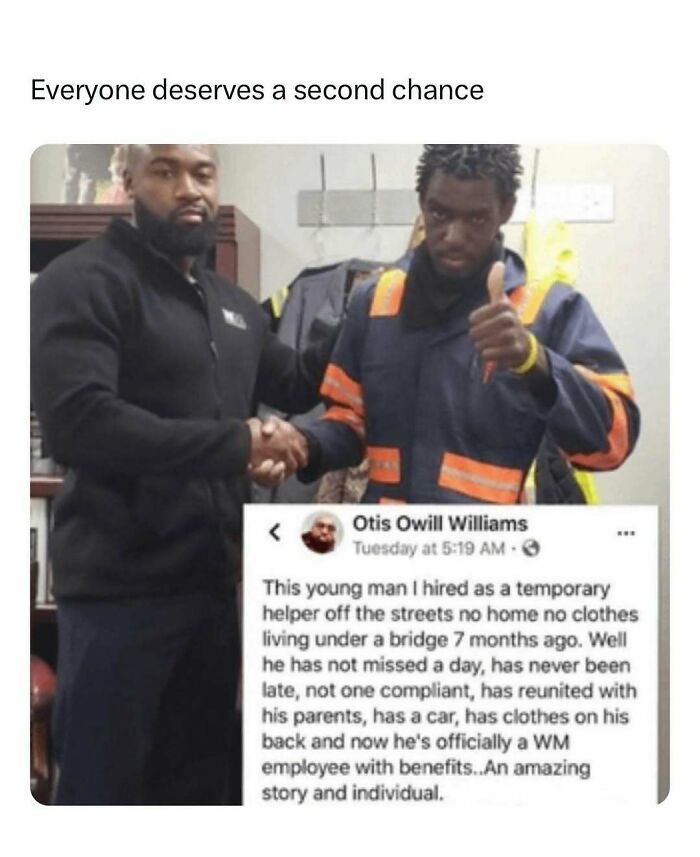 Two men shaking hands, highlighting a heartwarming story of kindness and second chances.