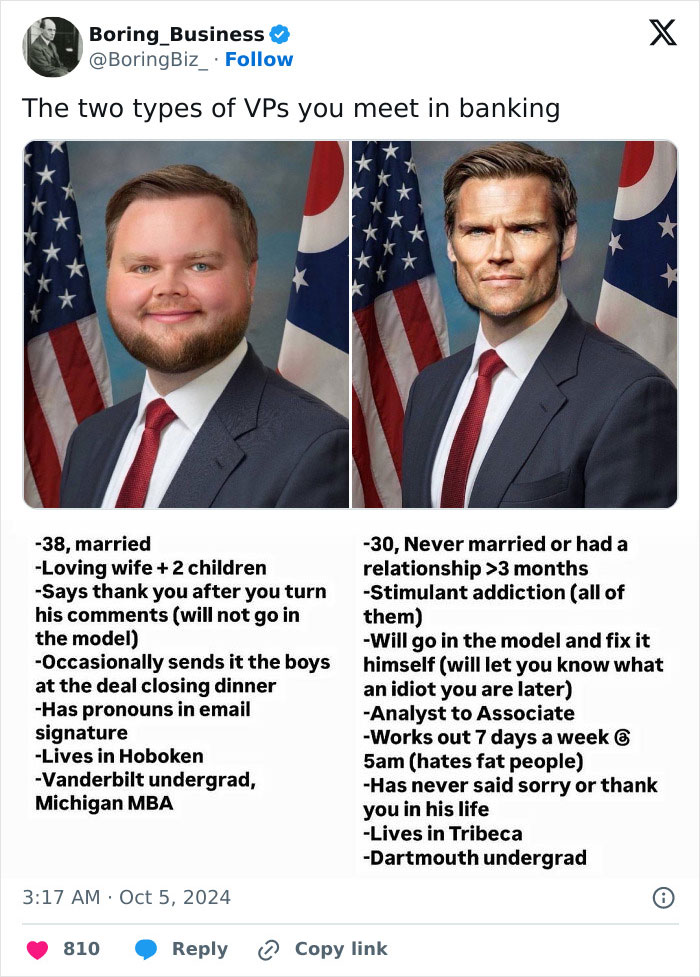 Two contrasting investment memes comparing VP personalities in banking, highlighting differences in lifestyle and work habits.