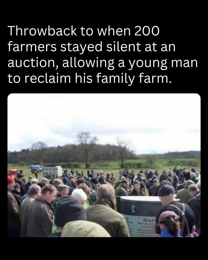 Farmers at an auction standing silently to help a young man reclaim his family farm; an inspiring curiosity moment.