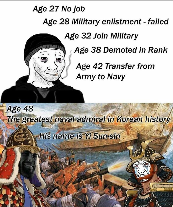 Meme humorously explaining history with a focus on Yi Sun-sin's military career transformation.