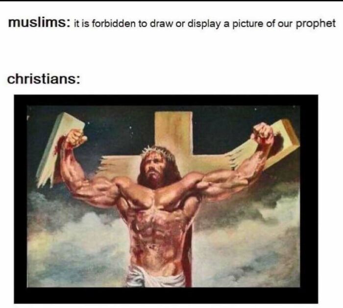 Meme illustrating humorous contrasts in religious depictions in history.