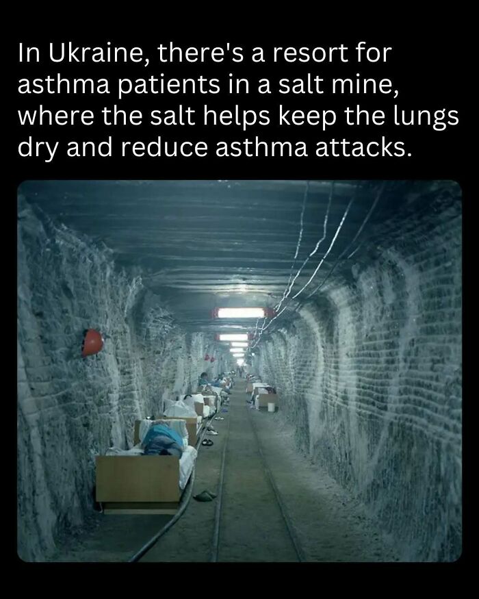 Salt mine resort in Ukraine for asthma care, showing beds aligned in the tunnel to help reduce stress and asthma attacks.