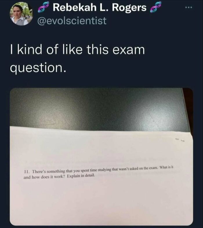 Funny science meme featuring a humorous exam question about unexpected study topics.