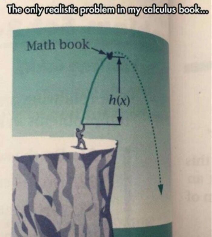 Diagram of a person throwing a math book off a cliff, humorously depicting a calculus problem.