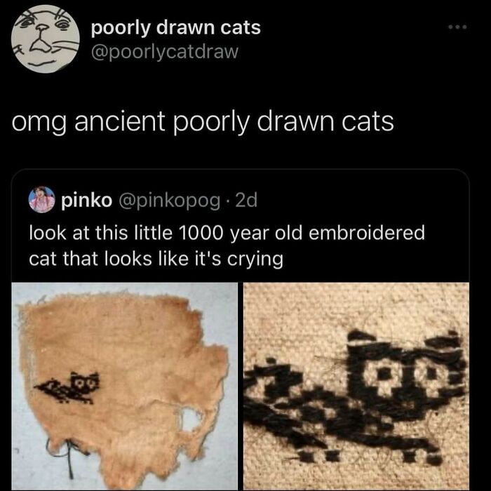 Ancient embroidered cat resembling a poorly drawn meme, showcasing cultural humor.