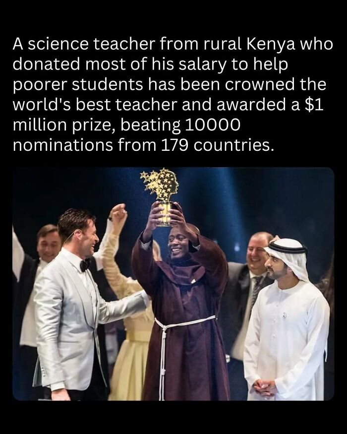 Teacher from Kenya wining award, lifting golden trophy, surrounded by cheering people, highlighted among interesting facts.