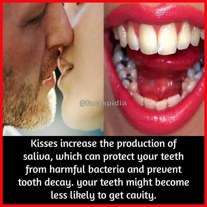 Kissing close-up showing saliva benefits for tooth health, reducing cavities by fighting bacteria.