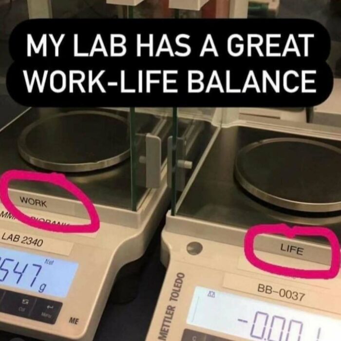 Science meme showing balance scales labeled "Work" and "Life" with humorous comment on work-life balance.