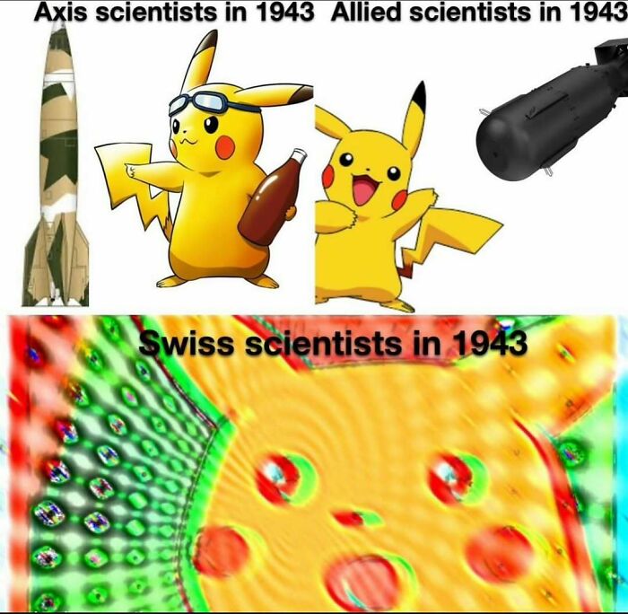 Funny meme comparing scientists with Pikachu in 1943 history context.