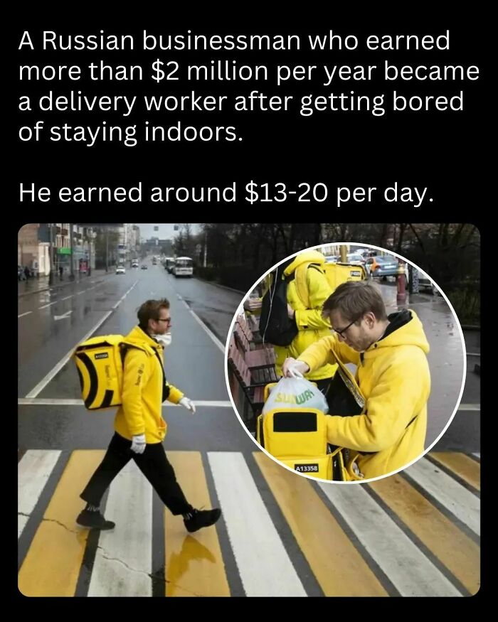 A businessman turned delivery worker in yellow uniform delivers packages on a rainy street, reflecting holiday season curiosities.