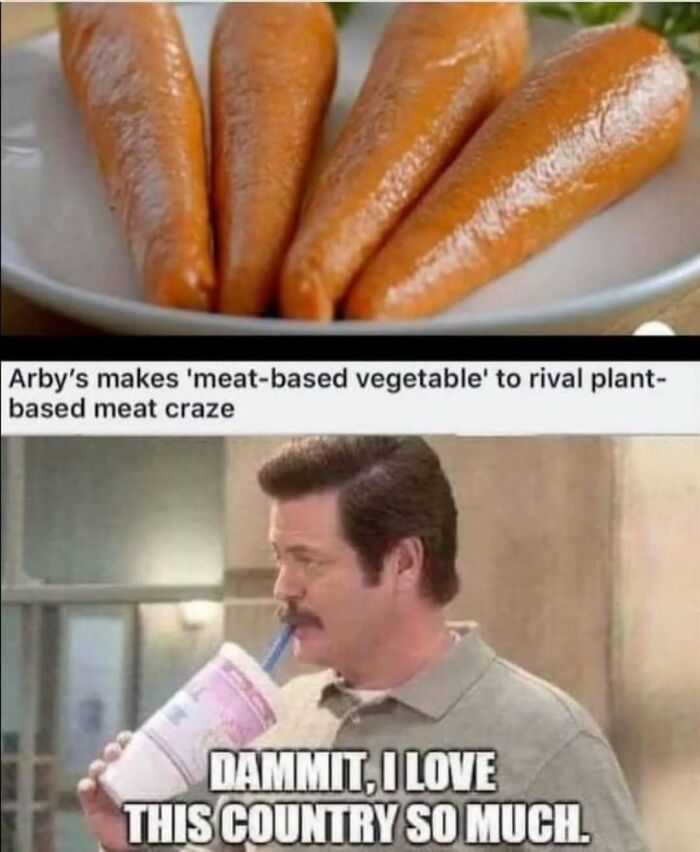 Meme from the "Now That's Funny" IG page featuring meat carrots and a man sipping a drink, expressing love for the innovation.