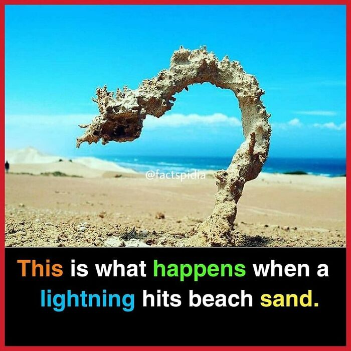 Curved sand sculpture formed by lightning hitting the beach, under a clear blue sky.