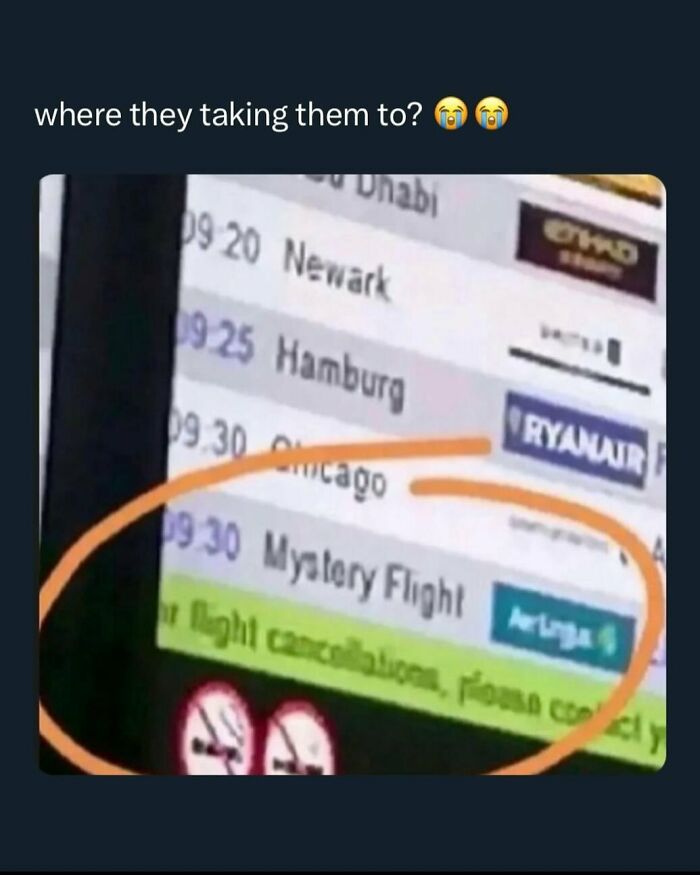 Airport display showing a "Mystery Flight" causing laughter, a funny fail moment.