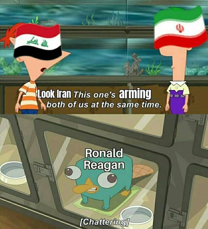 Cartoon characters with Iraq and Iran flags, referencing Ronald Reagan, illustrating a humorous historical meme.