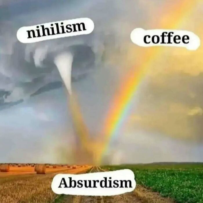 A tornado and rainbow in a field labeled nihilism, coffee, and absurdism, capturing relatable mental health humor.