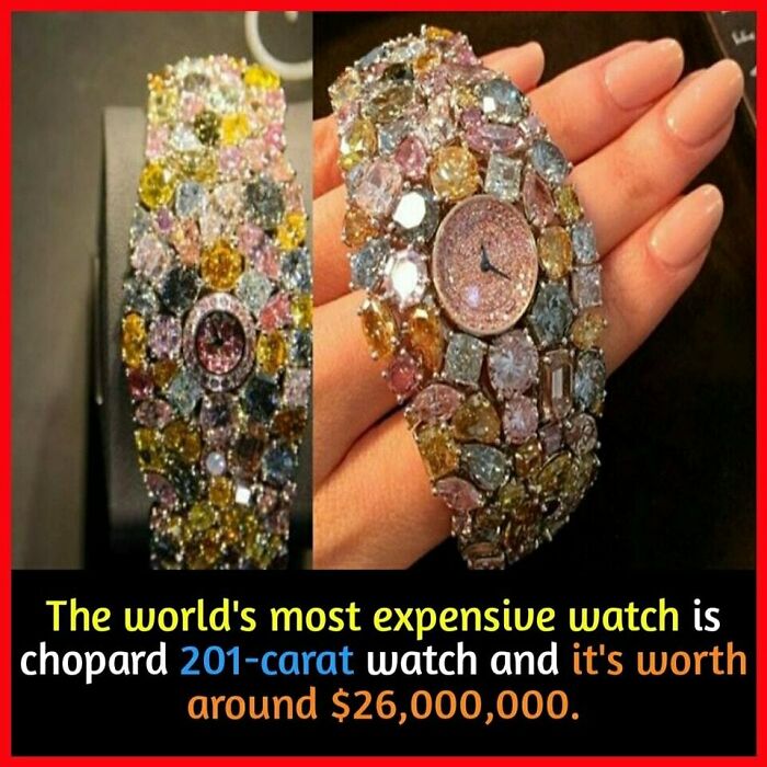 Close-up of Chopard 201-carat watch encrusted with colorful diamonds, known as one of the most expensive watches.