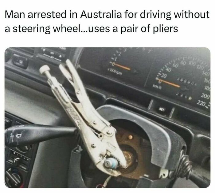 Pliers used as steering wheel substitute in car, humorous fail scenario.