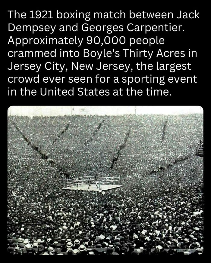 Crowd of 90,000 at the 1921 boxing match in New Jersey, featuring the largest sporting event audience in U.S. history.