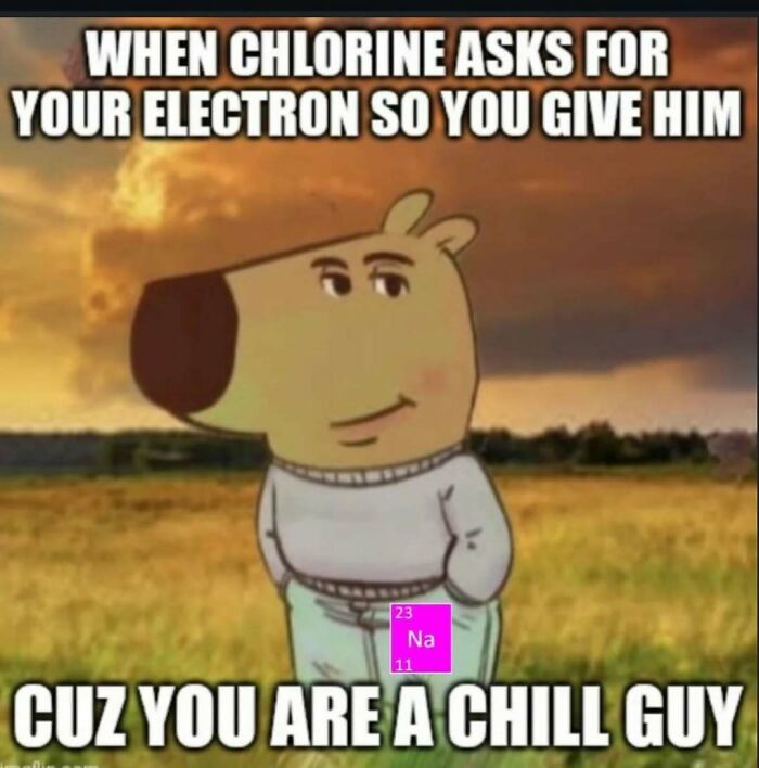 Cartoon character posing humorously about electron sharing, representing science memes in a field setting.