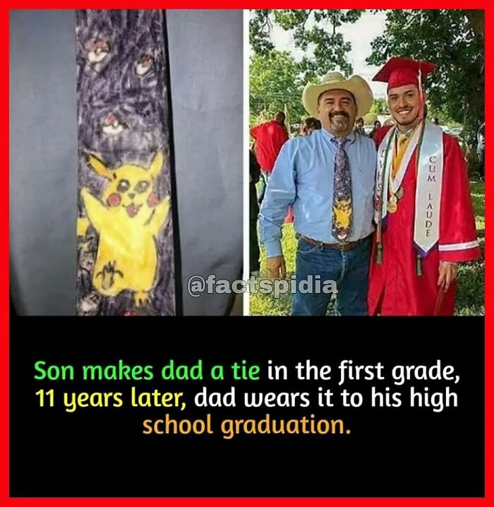 Father wears a tie made by son in first grade to son's high school graduation, creating a surprising moment.