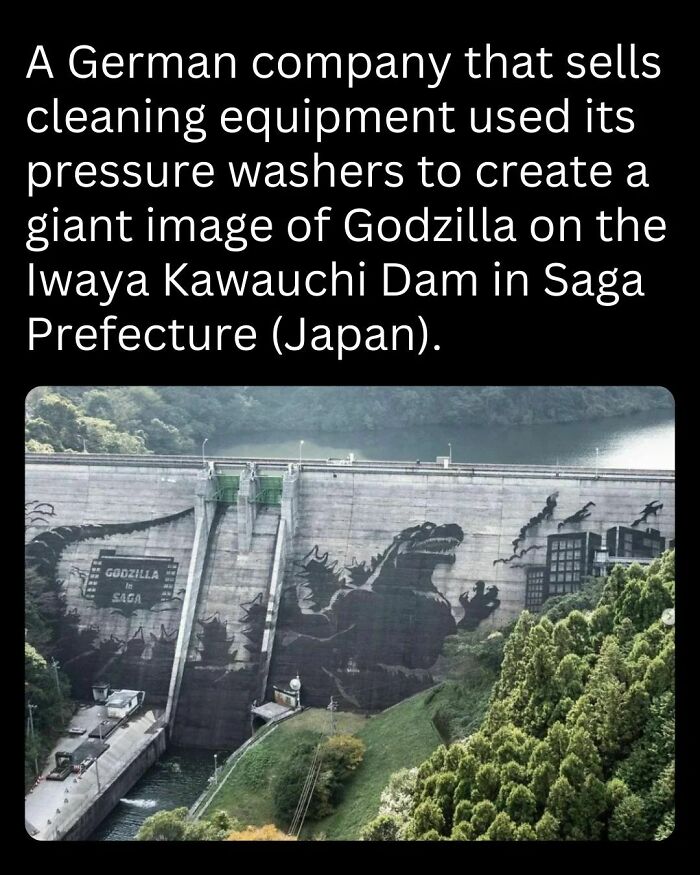 Giant Godzilla image on Iwaya Kawauchi Dam created with pressure washers by a German company.