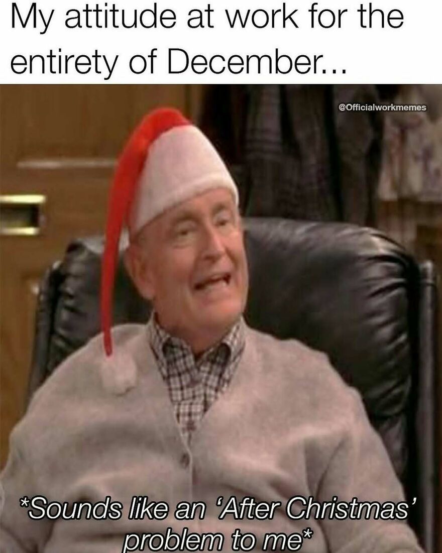 Elderly man in Santa hat smiling, with text about Christmas attitude at work, representing a funny Christmas meme.