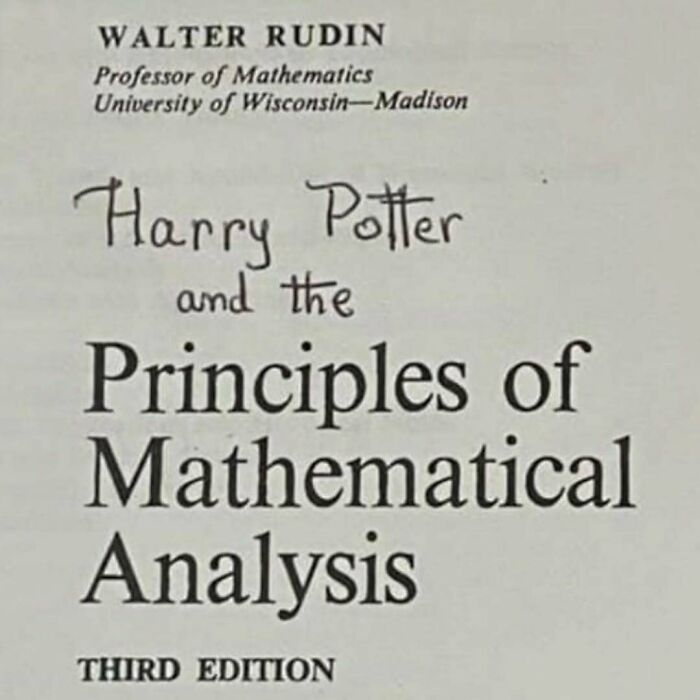 "Humorous science meme with altered book title combining Harry Potter and math analysis."