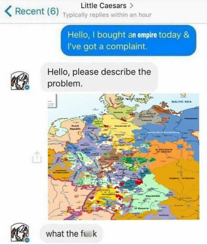 Text conversation meme about history with a detailed map representing a chaotic empire.