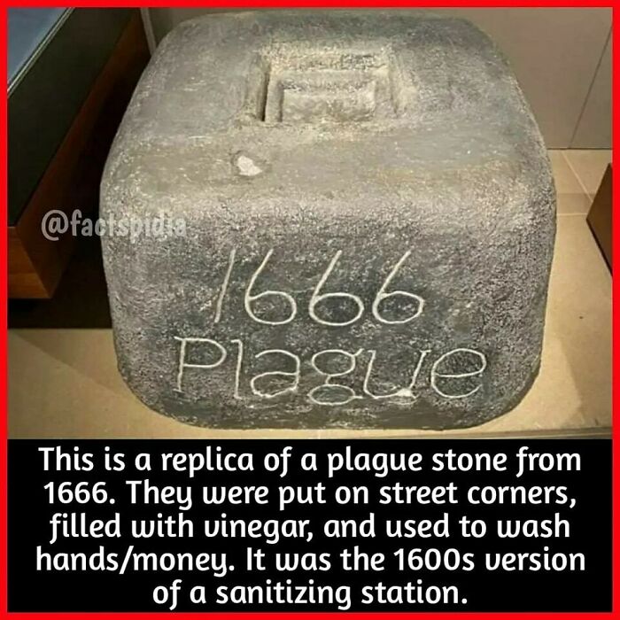 Replica of a 1666 plague stone, used for sanitizing with vinegar during the plague—interesting historical fact.