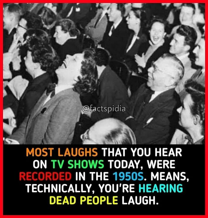 Black and white audience laughing with colorful text revealing surprising facts about TV show laugh tracks.