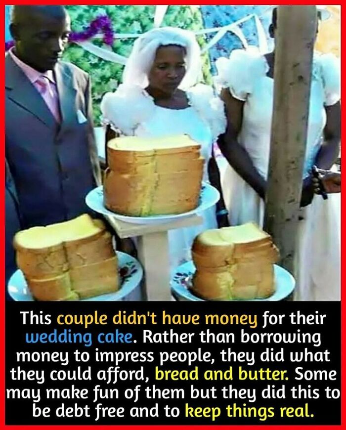 Couple at their wedding with unique cake made of bread, showcasing surprising and interesting celebration facts.