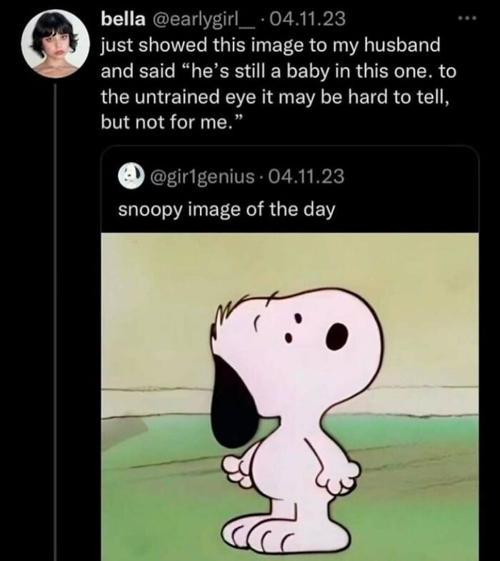 Tweet about a Snoopy meme showcasing humor and culture with a playful comment about recognizing him as a baby.