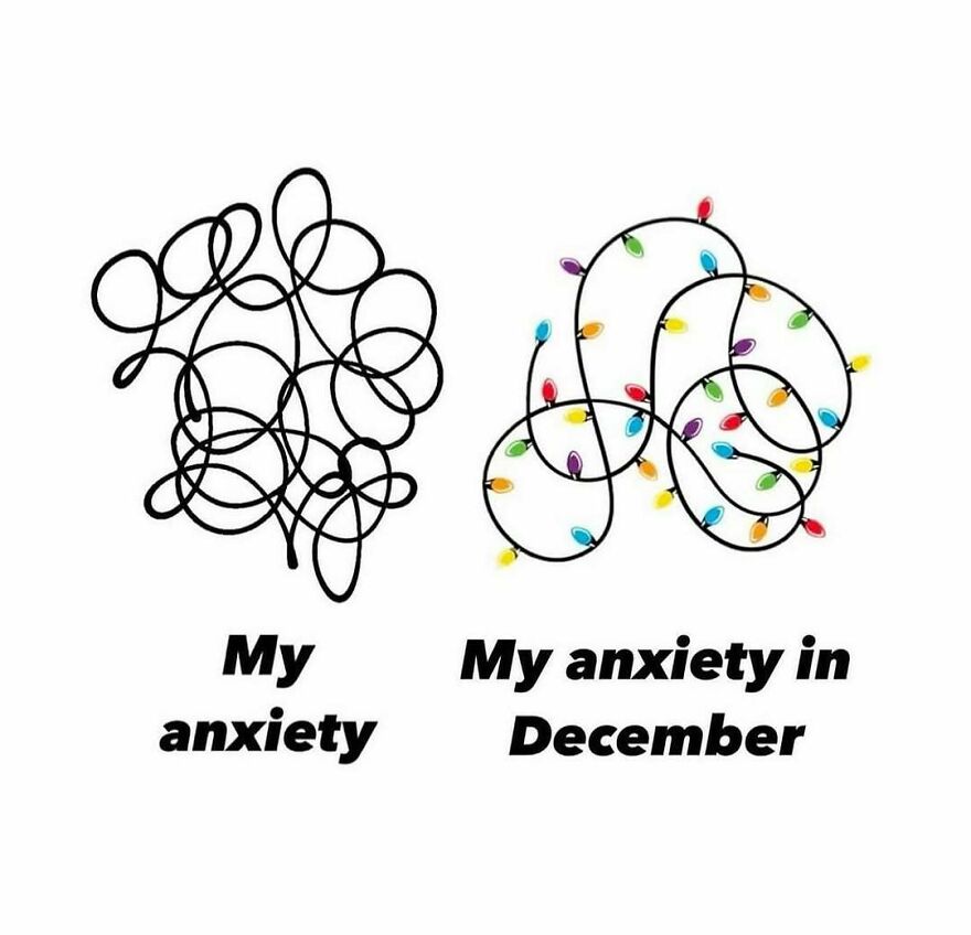 Funny Christmas meme comparing tangled lines to December anxiety with Christmas lights.