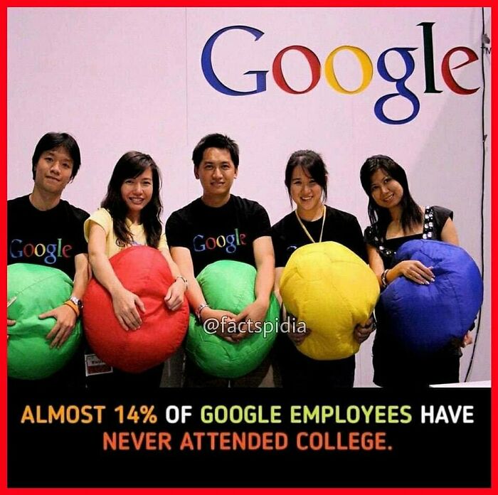 Google employees holding colorful bean bags, highlighting surprising facts about education levels.