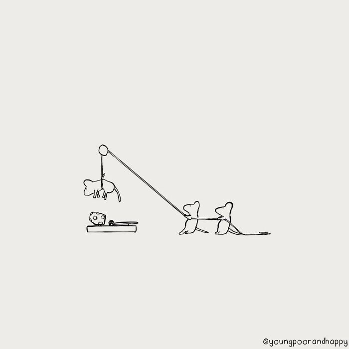 Minimalistic illustration by Dave Clamp featuring a humorous scene with mice using a pulley to grab cheese.