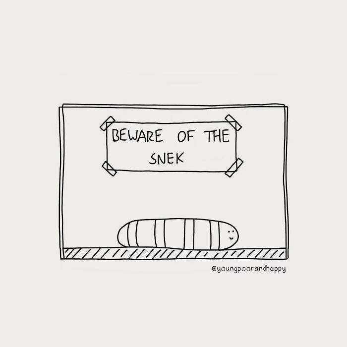 Funny minimalistic illustration by Dave Clamp featuring a striped snake below a "beware of the snek" sign.