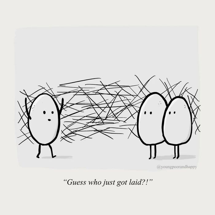 Funny minimalistic illustration by Dave Clamp showing eggs in a humorous scenario with text: "Guess who just got laid?!"