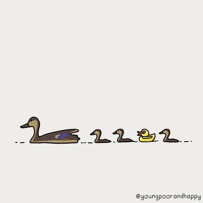 Funny minimalistic illustration by Dave Clamp featuring ducks and a rubber duckling in line.