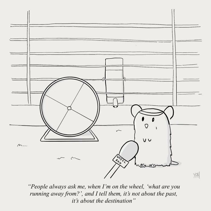 Funny minimalistic illustration of a hamster next to a wheel, holding a microphone, delivering a humorous message.