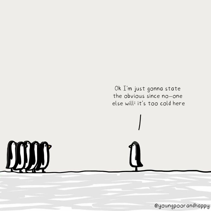 Minimalistic illustration of penguins with one stating, "It's too cold here."